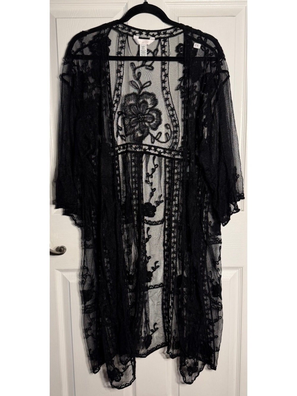 LC Lauren Conrad Black Sheer Floral Embroidered Kimono Cardigan, One Size